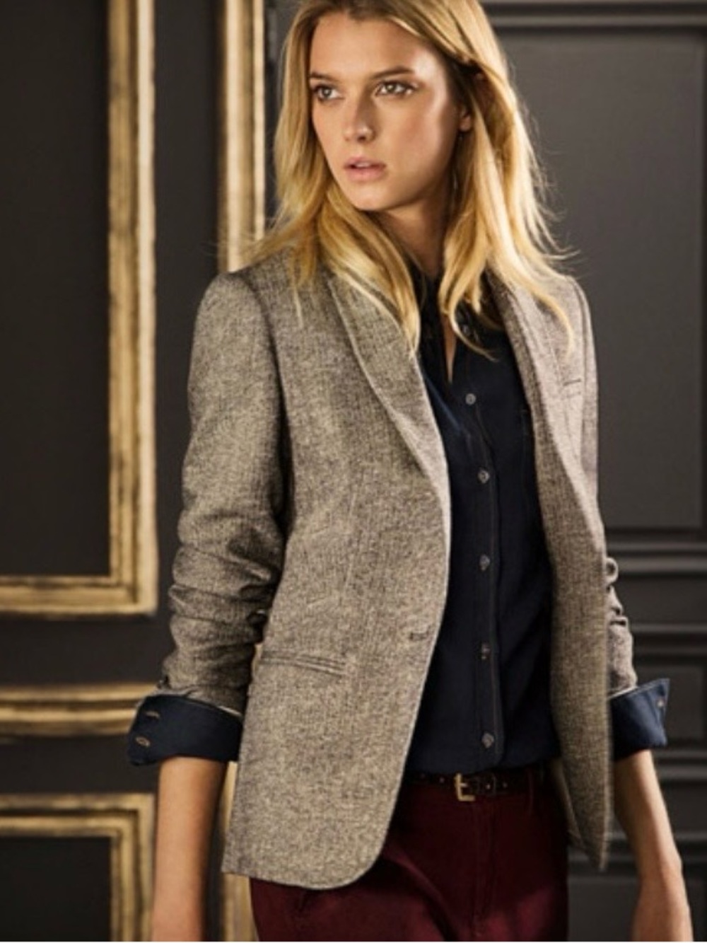 Massimo Dutti BrownTweed Blazer Size 2 Velvet Elbow Patches Career Classic